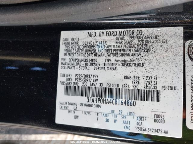 Photo 8 VIN: 3FAHP0HA4CR164860 - FORD FUSION 