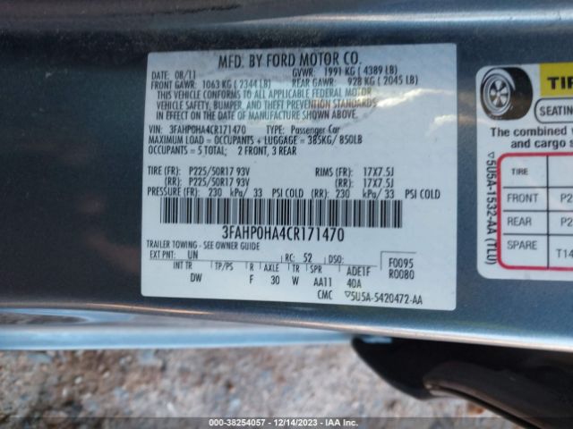 Photo 8 VIN: 3FAHP0HA4CR171470 - FORD FUSION 