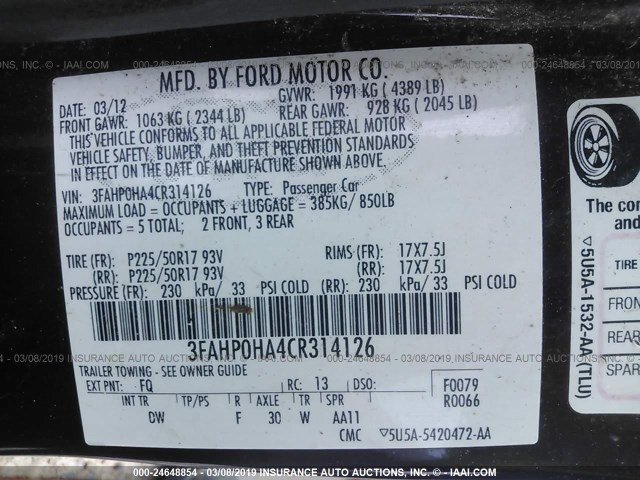 Photo 8 VIN: 3FAHP0HA4CR314126 - FORD FUSION 