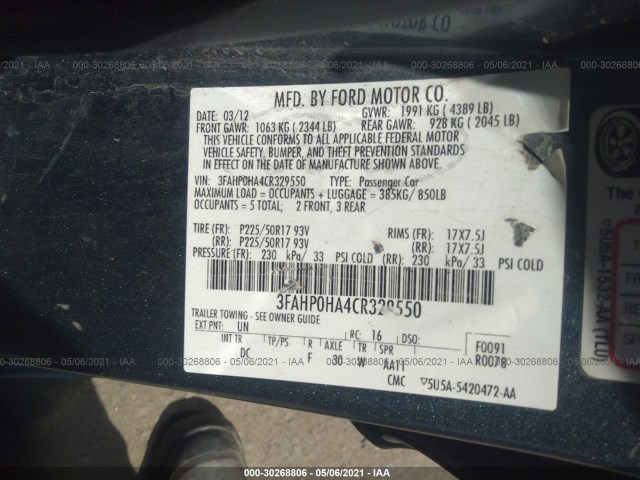 Photo 8 VIN: 3FAHP0HA4CR329550 - FORD FUSION 