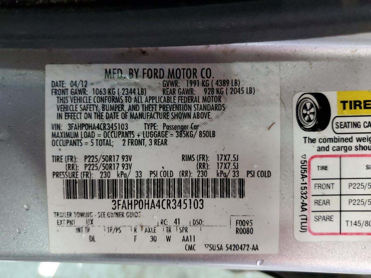 Photo 11 VIN: 3FAHP0HA4CR345103 - FORD FUSION 