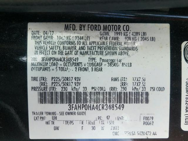 Photo 9 VIN: 3FAHP0HA4CR348549 - FORD FUSION SE 