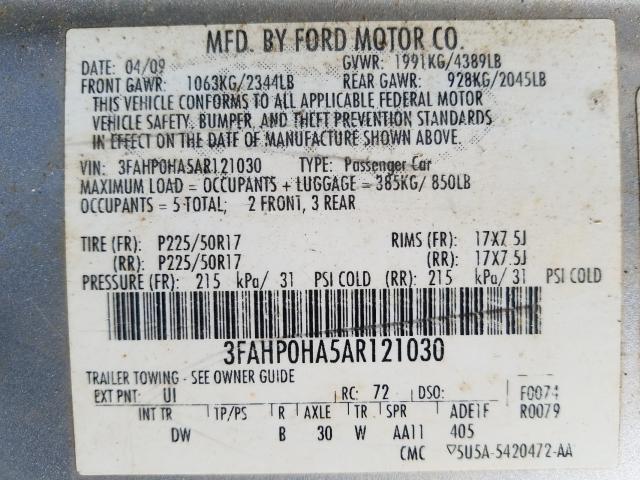 Photo 9 VIN: 3FAHP0HA5AR121030 - FORD FUSION SE 