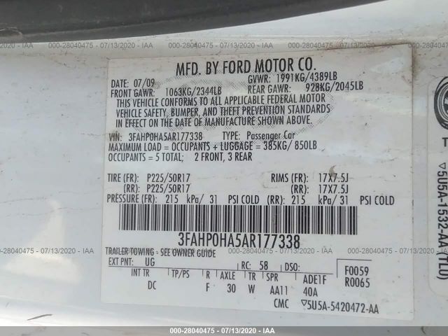 Photo 8 VIN: 3FAHP0HA5AR177338 - FORD FUSION 