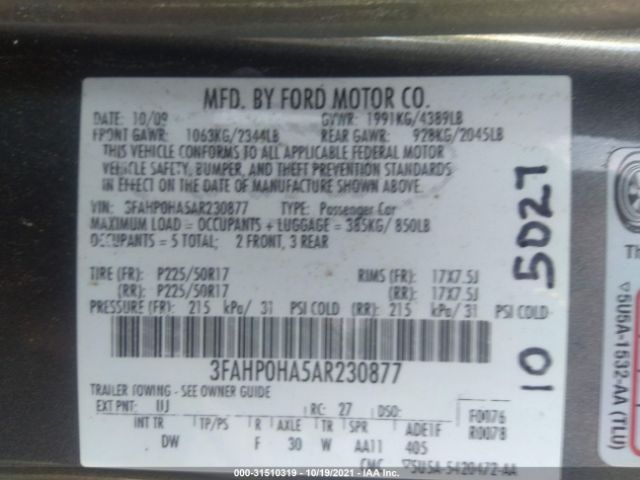 Photo 8 VIN: 3FAHP0HA5AR230877 - FORD FUSION 