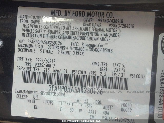 Photo 8 VIN: 3FAHP0HA5AR250126 - FORD FUSION 