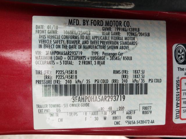 Photo 9 VIN: 3FAHP0HA5AR293719 - FORD FUSION SE 