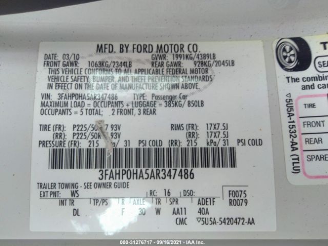 Photo 8 VIN: 3FAHP0HA5AR347486 - FORD FUSION 