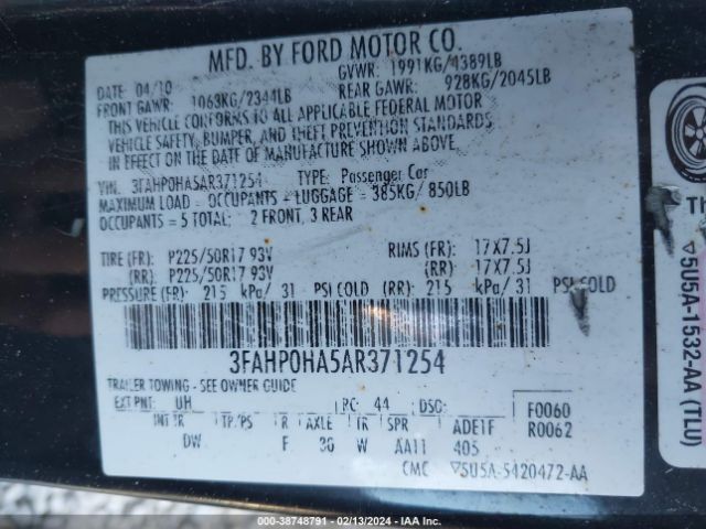 Photo 8 VIN: 3FAHP0HA5AR371254 - FORD FUSION 