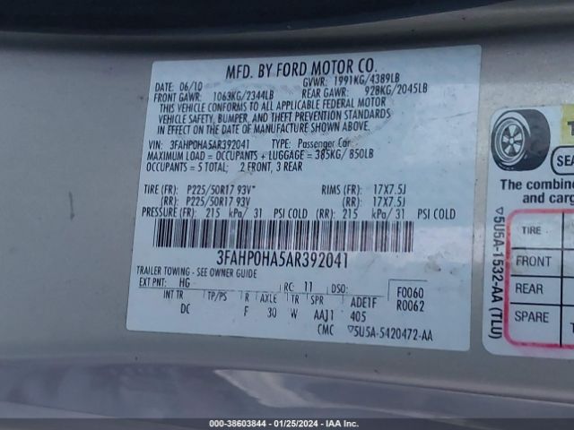 Photo 8 VIN: 3FAHP0HA5AR392041 - FORD FUSION 