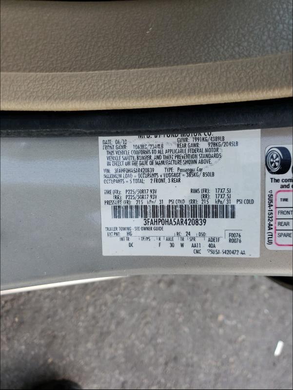 Photo 9 VIN: 3FAHP0HA5AR420839 - FORD FUSION SE 