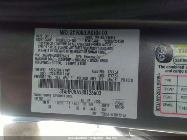 Photo 8 VIN: 3FAHP0HA5BR126603 - FORD FUSION 