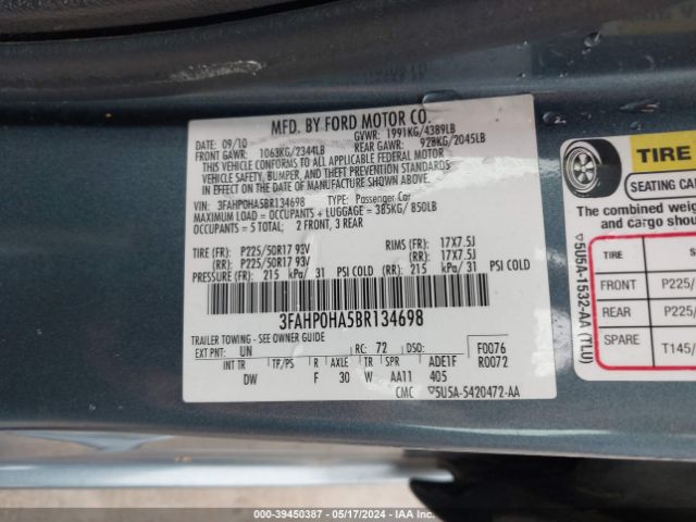 Photo 8 VIN: 3FAHP0HA5BR134698 - FORD FUSION 