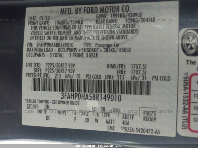 Photo 8 VIN: 3FAHP0HA5BR149010 - FORD FUSION 