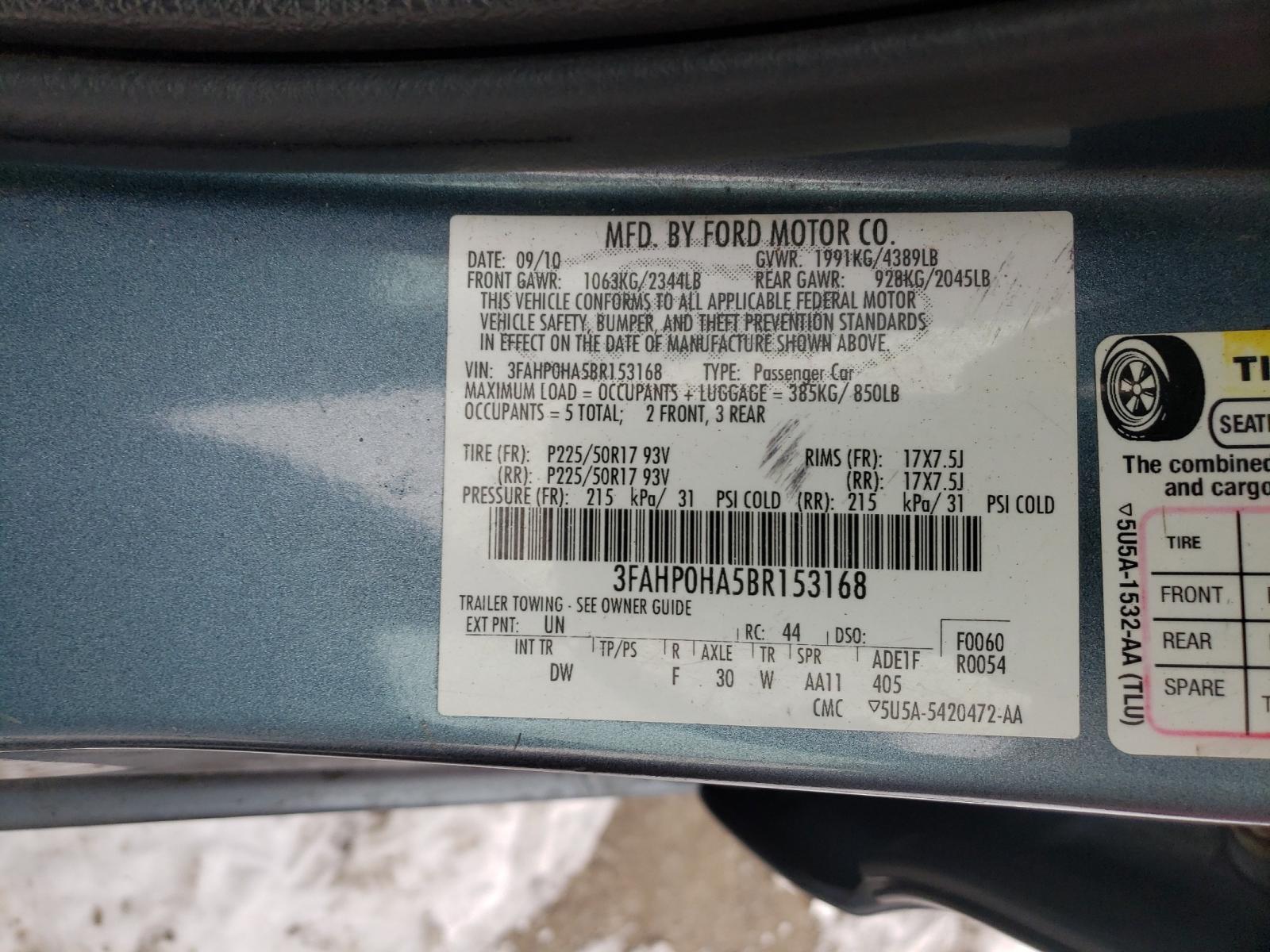 Photo 9 VIN: 3FAHP0HA5BR153168 - FORD FUSION SE 