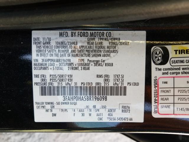 Photo 9 VIN: 3FAHP0HA5BR196098 - FORD FUSION SE 