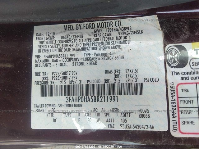 Photo 8 VIN: 3FAHP0HA5BR211991 - FORD FUSION 