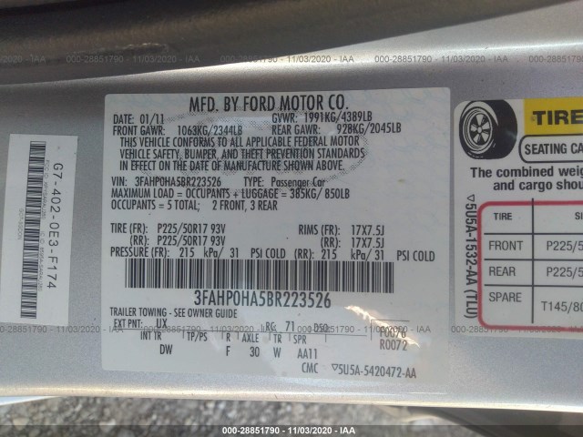 Photo 8 VIN: 3FAHP0HA5BR223526 - FORD FUSION 