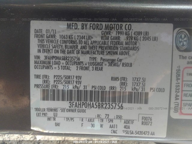 Photo 8 VIN: 3FAHP0HA5BR235756 - FORD FUSION 