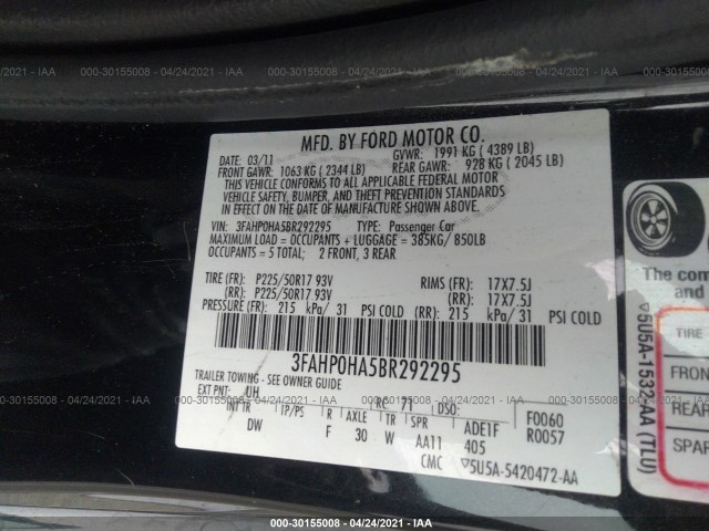 Photo 8 VIN: 3FAHP0HA5BR292295 - FORD FUSION 