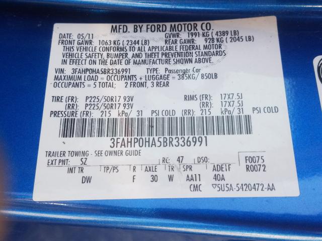 Photo 9 VIN: 3FAHP0HA5BR336991 - FORD FUSION SE 