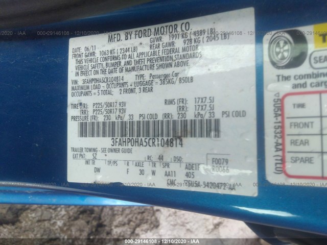 Photo 8 VIN: 3FAHP0HA5CR104814 - FORD FUSION 