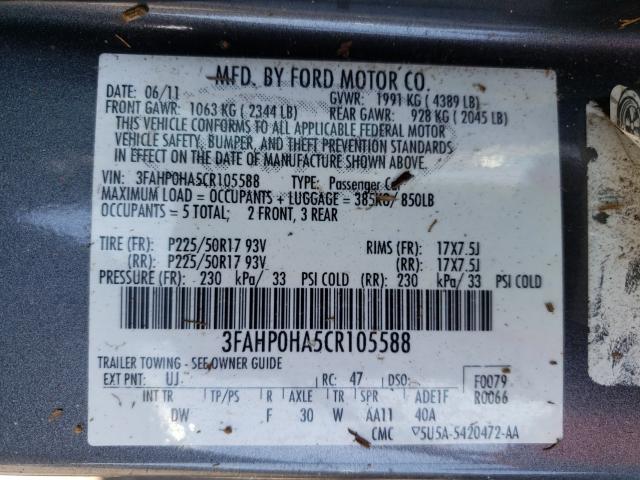 Photo 9 VIN: 3FAHP0HA5CR105588 - FORD FUSION SE 