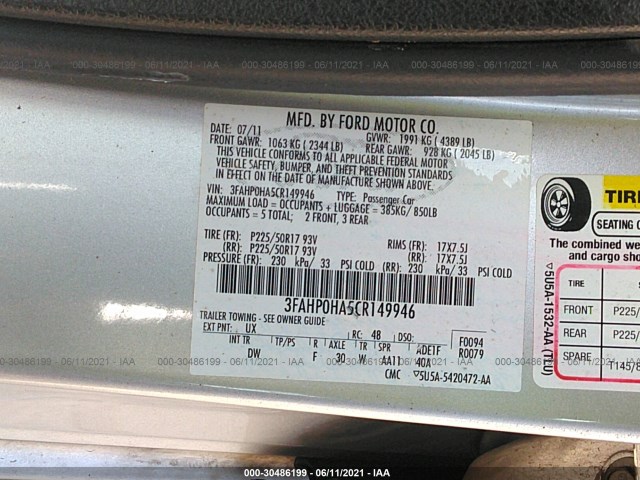 Photo 8 VIN: 3FAHP0HA5CR149946 - FORD FUSION 