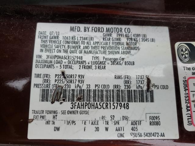 Photo 9 VIN: 3FAHP0HA5CR157948 - FORD FUSION SE 