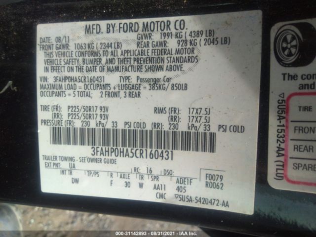 Photo 8 VIN: 3FAHP0HA5CR160431 - FORD FUSION 