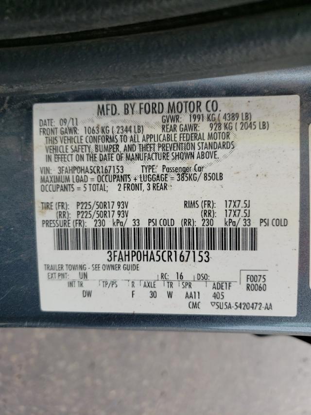 Photo 9 VIN: 3FAHP0HA5CR167153 - FORD FUSION SE 