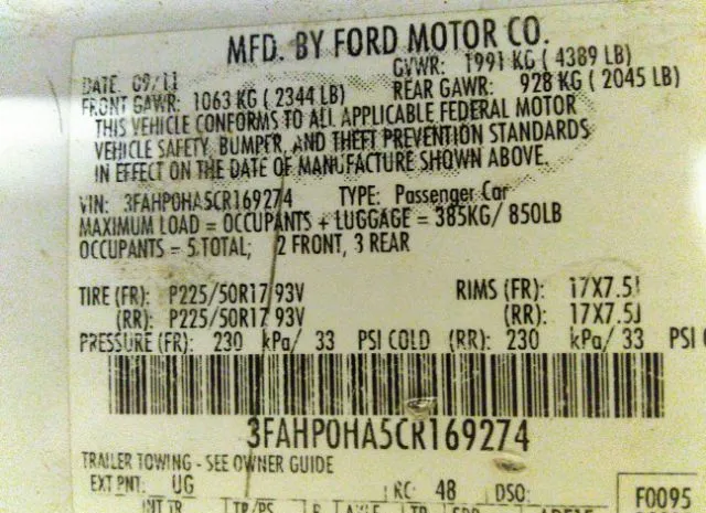 Photo 8 VIN: 3FAHP0HA5CR169274 - FORD FUSION 