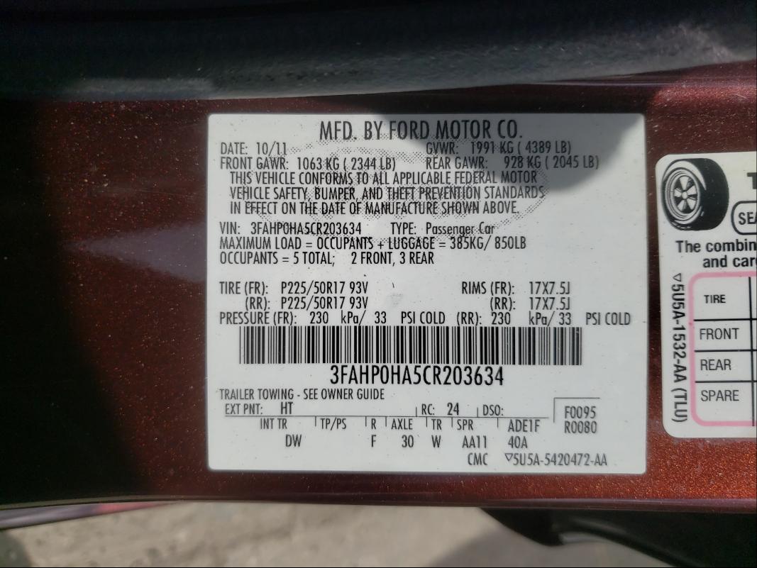 Photo 9 VIN: 3FAHP0HA5CR203634 - FORD FUSION SE 