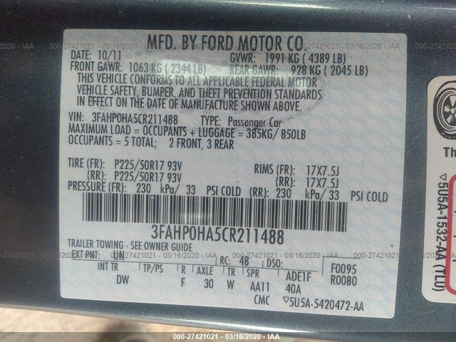 Photo 8 VIN: 3FAHP0HA5CR211488 - FORD FUSION 