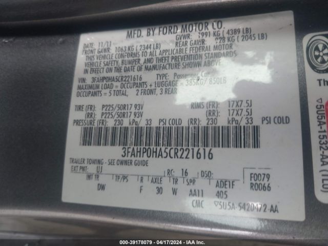 Photo 8 VIN: 3FAHP0HA5CR221616 - FORD FUSION 