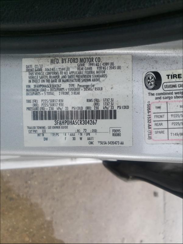 Photo 9 VIN: 3FAHP0HA5CR304267 - FORD FUSION SE 