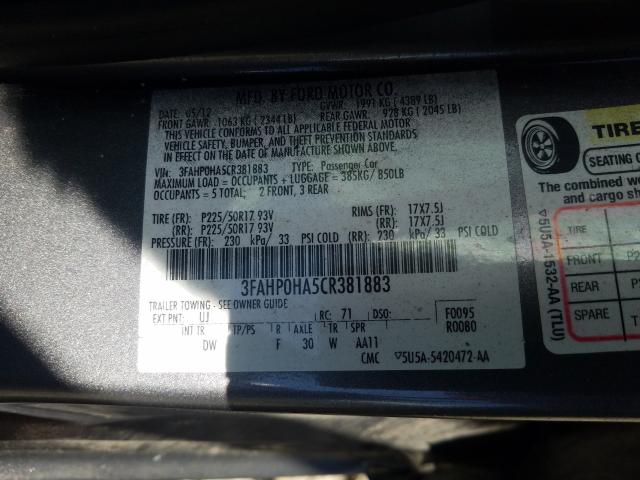 Photo 9 VIN: 3FAHP0HA5CR381883 - FORD FUSION SE 