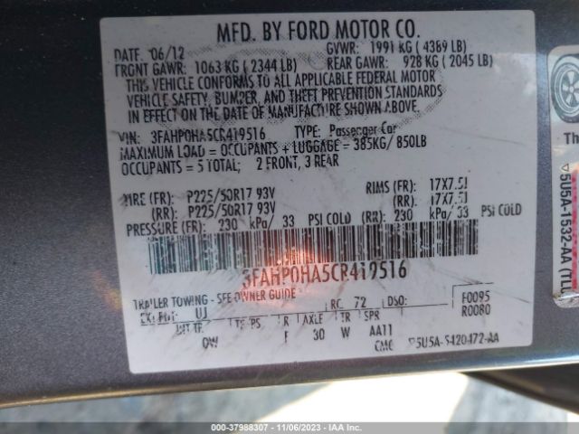 Photo 8 VIN: 3FAHP0HA5CR419516 - FORD FUSION 