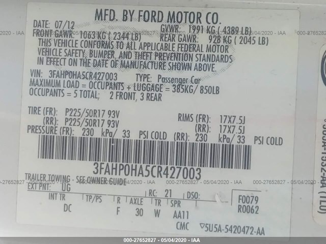 Photo 8 VIN: 3FAHP0HA5CR427003 - FORD FUSION 