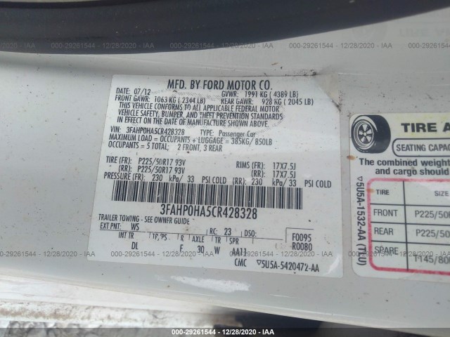 Photo 8 VIN: 3FAHP0HA5CR428328 - FORD FUSION 