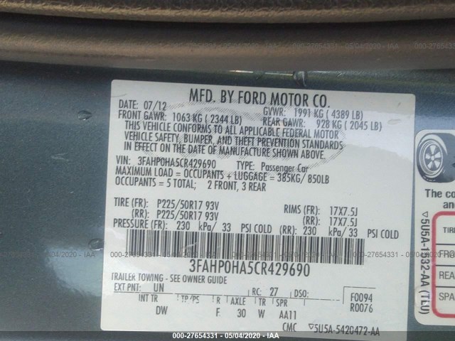 Photo 8 VIN: 3FAHP0HA5CR429690 - FORD FUSION 