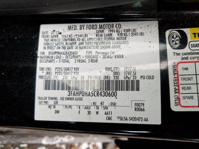 Photo 9 VIN: 3FAHP0HA5CR430600 - FORD FUSION SE 