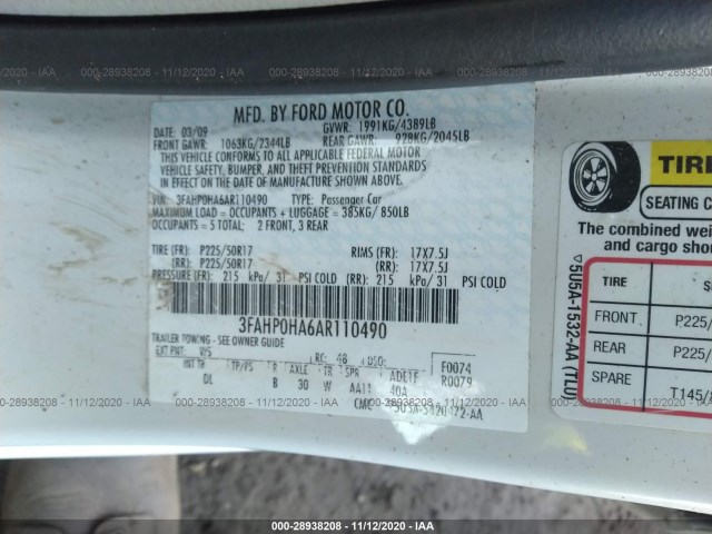 Photo 8 VIN: 3FAHP0HA6AR110490 - FORD FUSION 