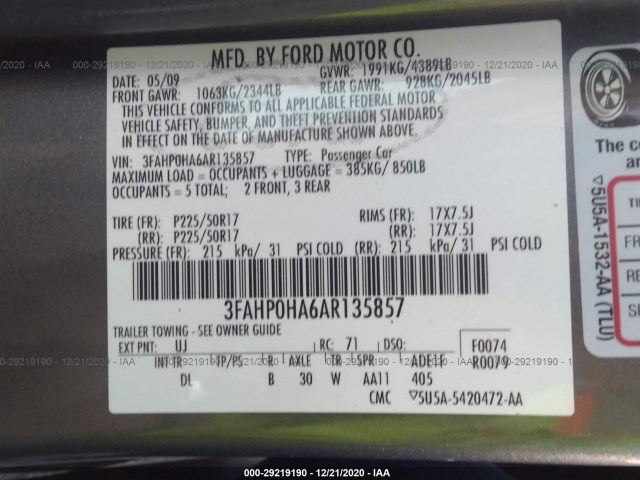 Photo 8 VIN: 3FAHP0HA6AR135857 - FORD FUSION 