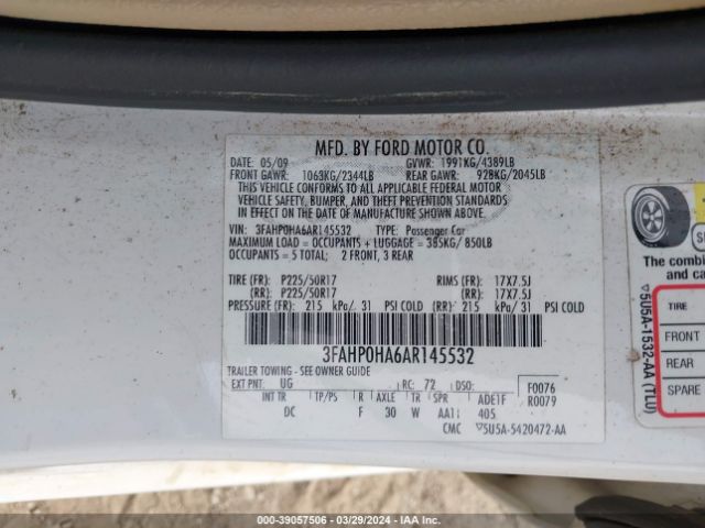 Photo 8 VIN: 3FAHP0HA6AR145532 - FORD FUSION 