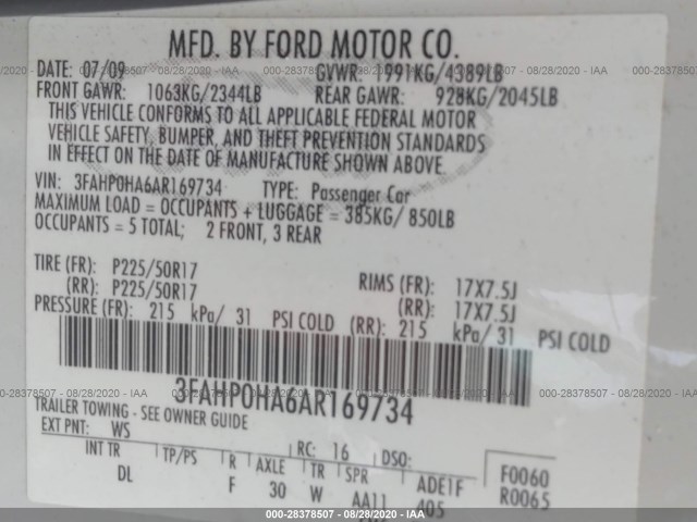 Photo 8 VIN: 3FAHP0HA6AR169734 - FORD FUSION 