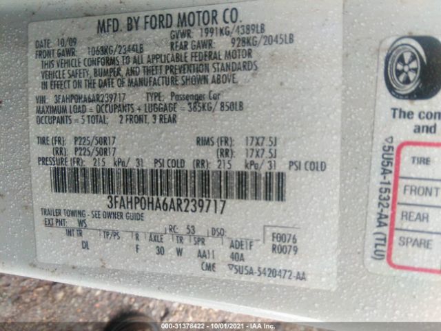 Photo 8 VIN: 3FAHP0HA6AR239717 - FORD FUSION 