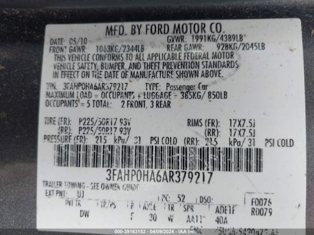 Photo 8 VIN: 3FAHP0HA6AR379217 - FORD FUSION 