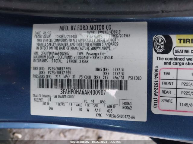 Photo 8 VIN: 3FAHP0HA6AR400907 - FORD FUSION 