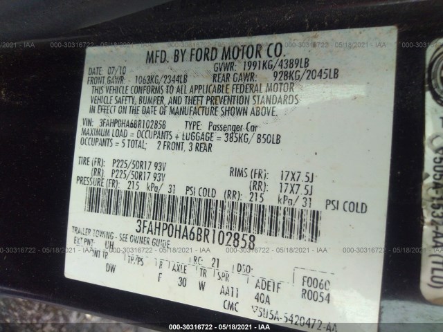 Photo 8 VIN: 3FAHP0HA6BR102858 - FORD FUSION 